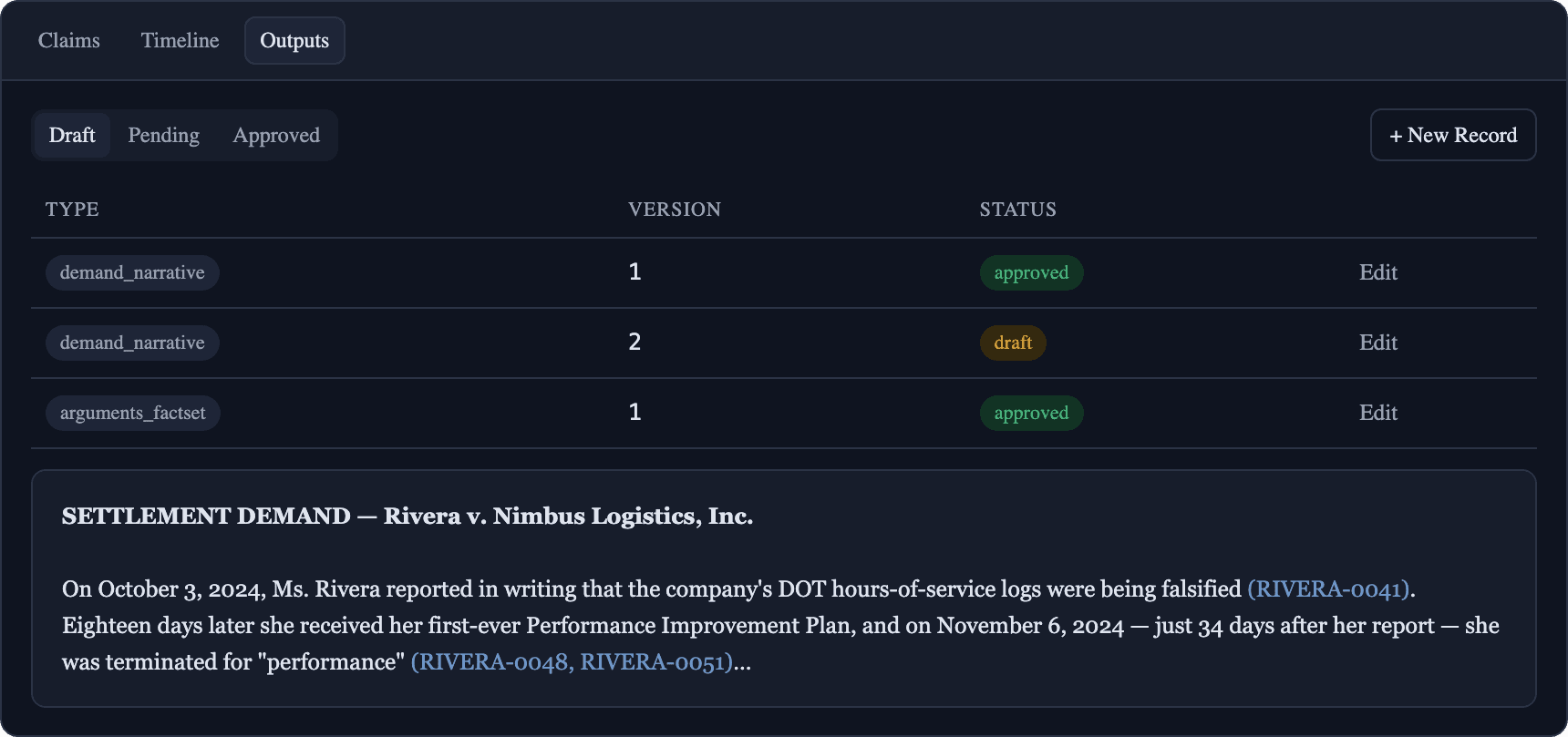 Outputs page: an AI-generated demand letter narrative, versioned and awaiting attorney approval