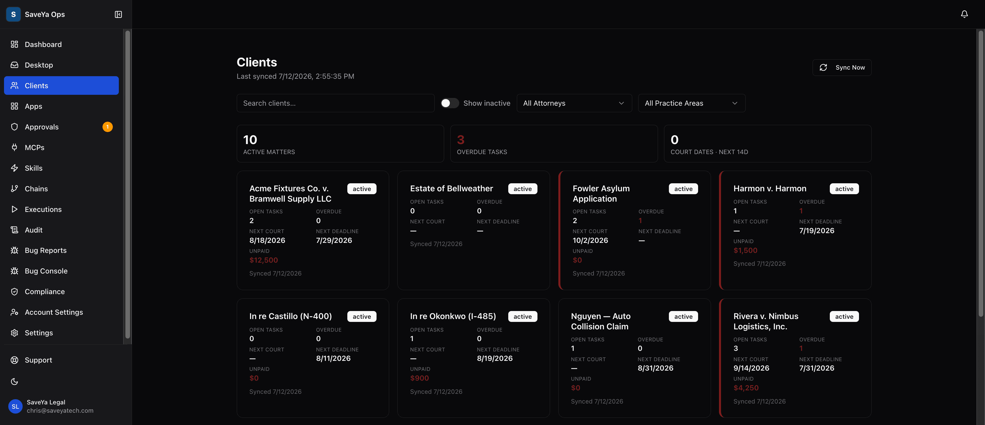 Law firm matters board listing every active matter with open tasks, overdue flags, next court date, and unpaid balance, filterable by attorney and practice area, synced from the case system in the SaveYa Ops demo workspace