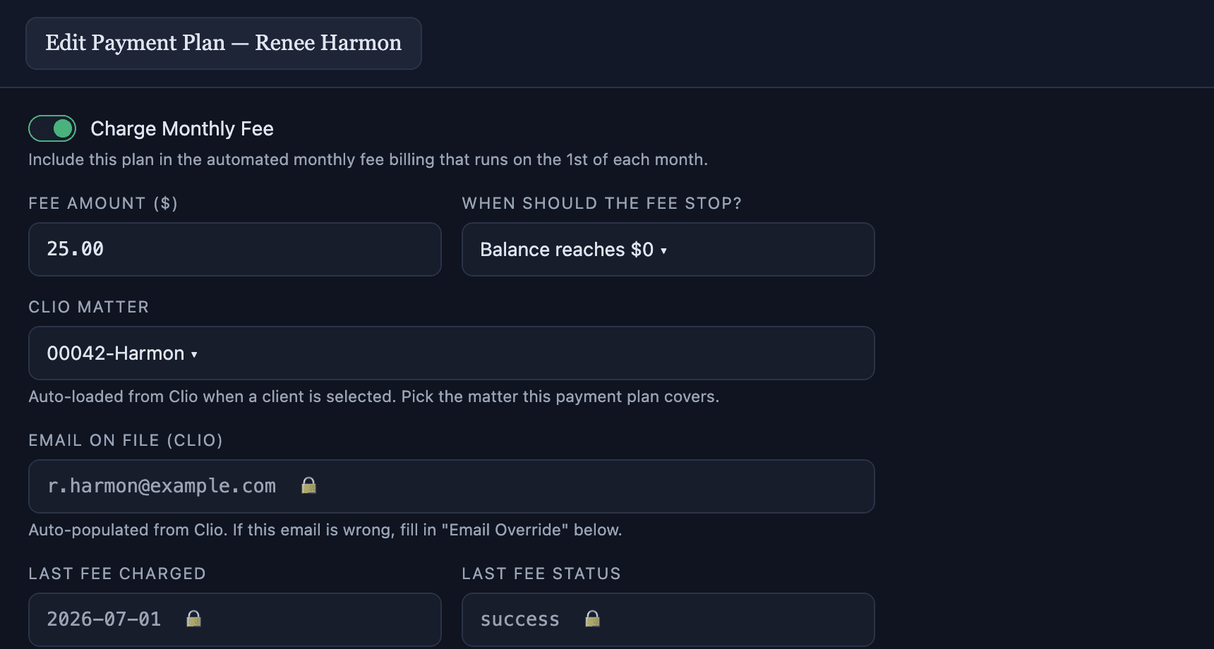 Monthly service fee settings on a payment plan: fee amount, stop condition, and locked audit fields written by each billing run