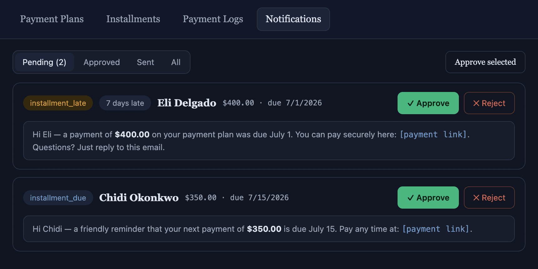Payment reminder approval queue: each outbound client reminder shown with its full message, awaiting per-row approval
