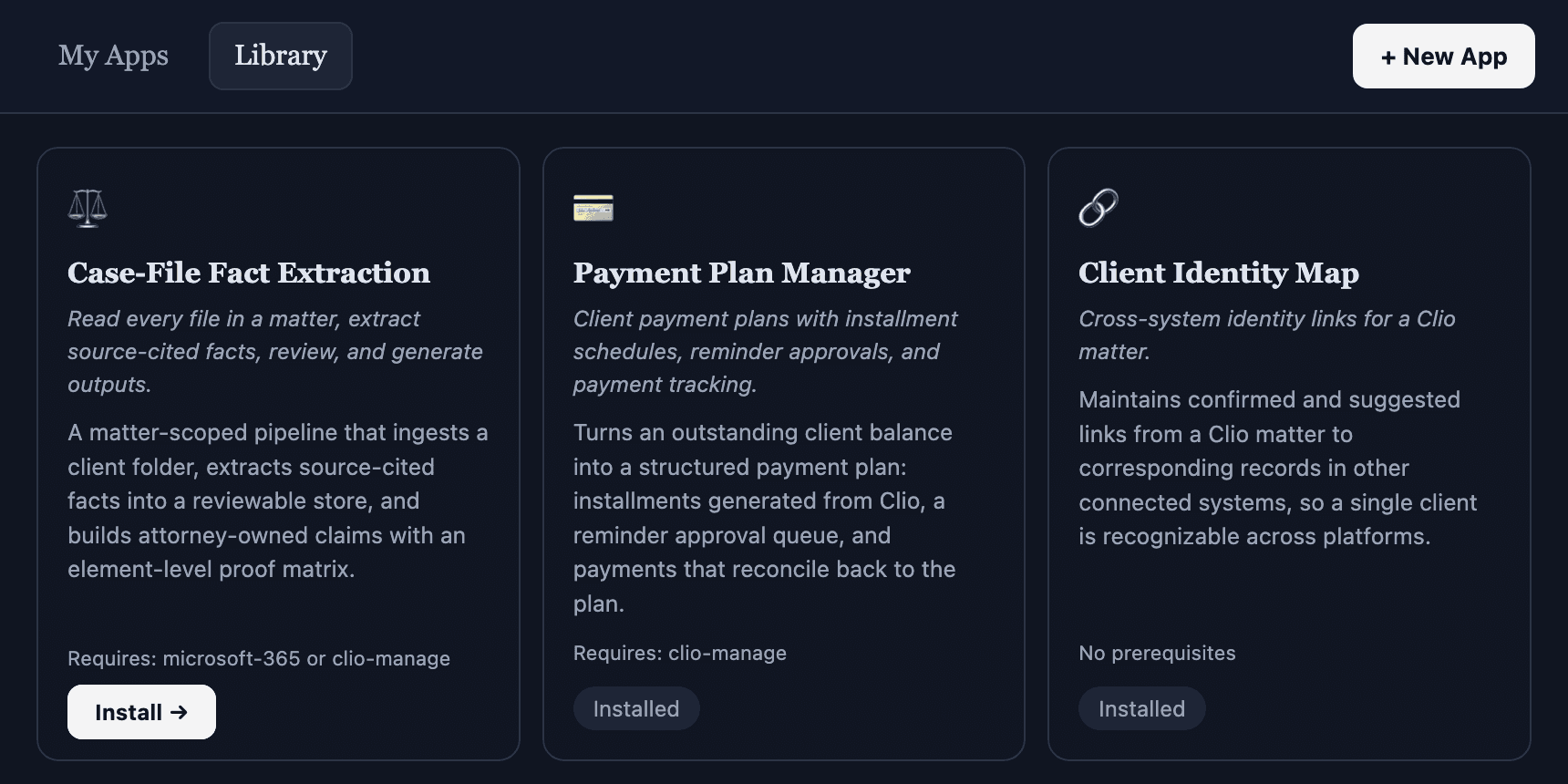 The SaveYa Ops App Library: installable custom apps like Case-File Fact Extraction and Payment Plan Manager
