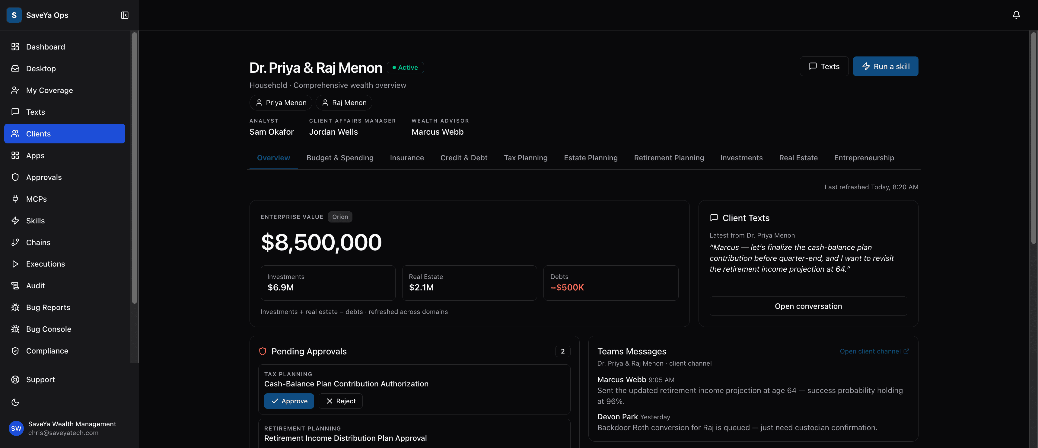 Wealth management household dashboard showing net worth pulled from Orion, pending approvals waiting on a person, and the client's latest message in the SaveYa Ops demo workspace