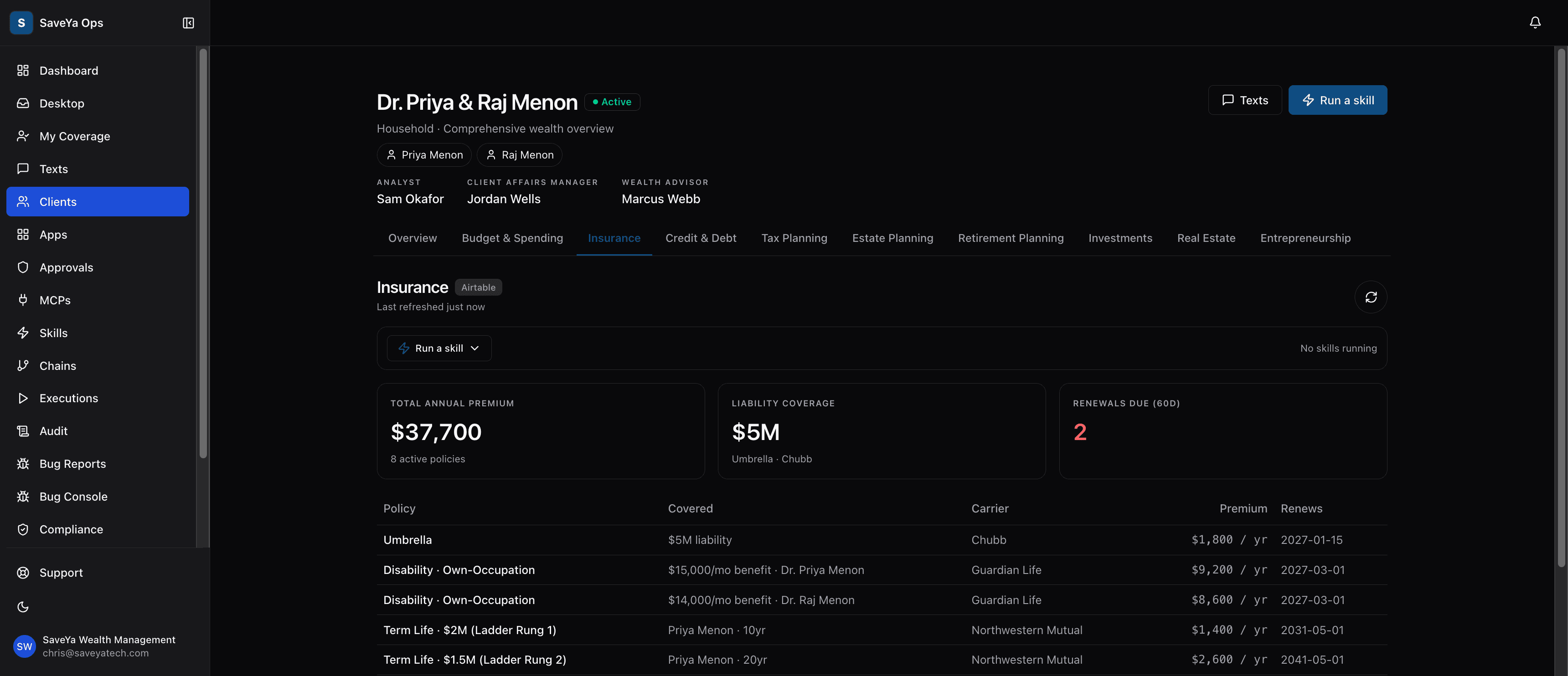 Wealth management insurance tracker listing every policy, carrier, and premium and flagging what renews in the next 60 days in the SaveYa Ops demo workspace